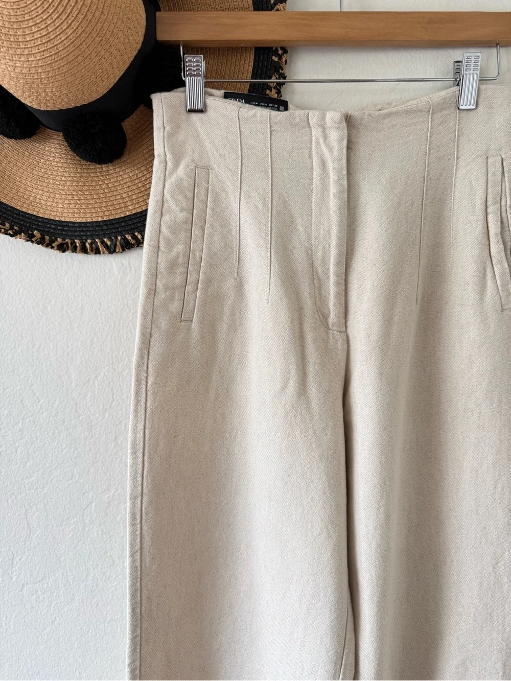 Zara Oatmeal Linen Blend Cropped Wide Leg Pants Size Medium Coastal Grandma